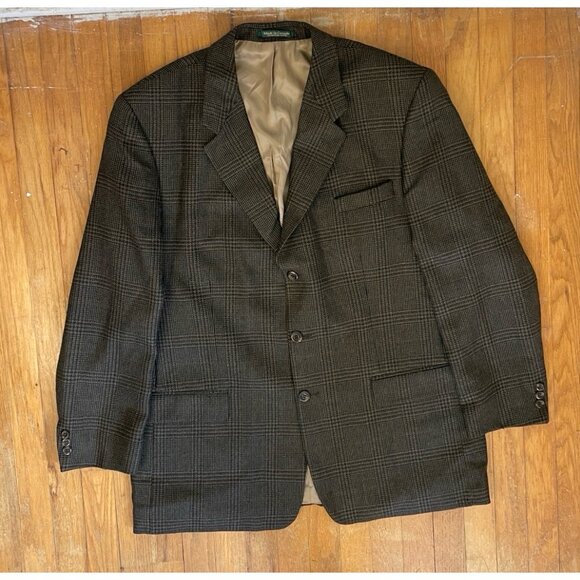 Vintage Mens Plaid Wool Blazer Size 46L 1990s Olive Green Sport Coat Suit Jacket